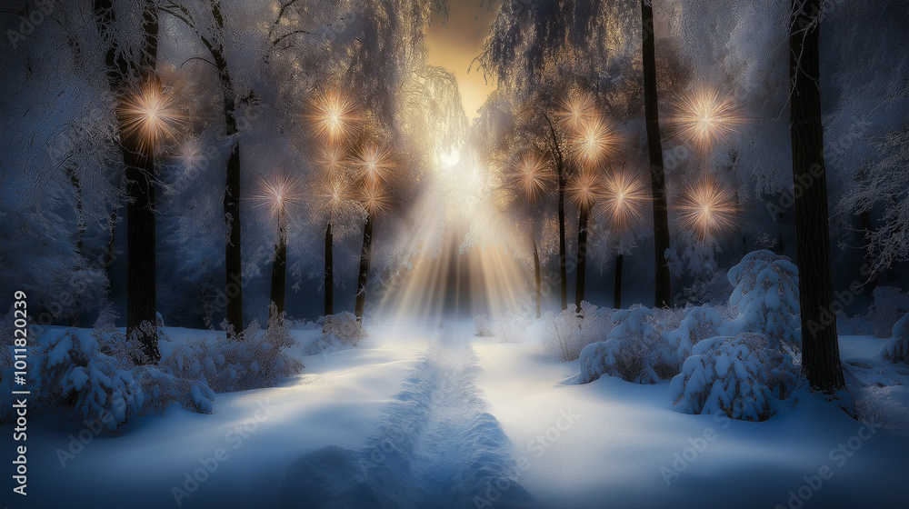 Winter Wonderland with Mysterious Rays of Light Illuminating a Hidden Pathway Winter Wonderland with Mysterious Rays of Light Illuminating a Hidden Pathway