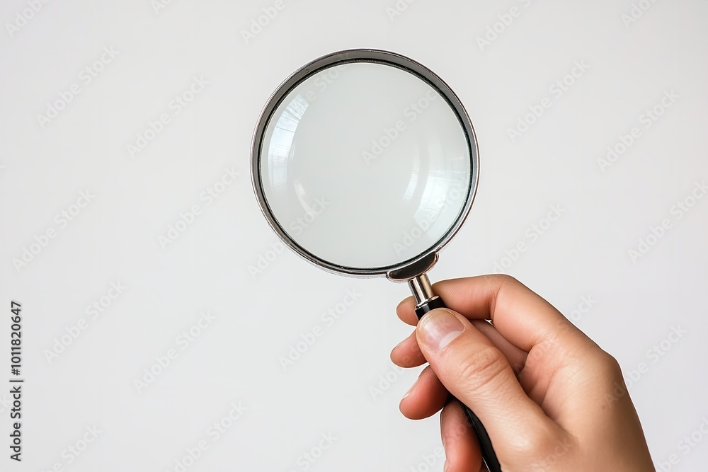 Isolated hand with magnifying lens on white backdrop. Generative Ai Isolated hand with magnifying lens on white backdrop. Generative Ai