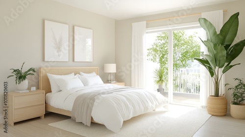 Scandinavian-inspired bedroom with light wood furniture, white linens, and simple decor, Taken by Nikon Z7 35mm lens