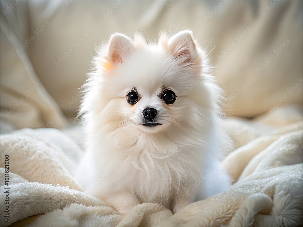 Adorable White Teacup Pomeranian Dog Sitting on Soft Blanket with Playful Expression in Natural Light Adorable White Teacup Pomeranian Dog Sitting on Soft Blanket with Playful Expression in Natural Light