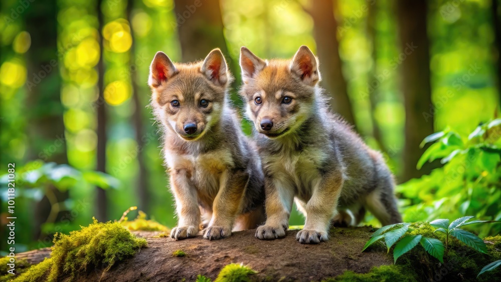 Adorable Wolf Puppies Playing Together in a Natural Woodland Environment on a Sunny Day Adorable Wolf Puppies Playing Together in a Natural Woodland Environment on a Sunny Day