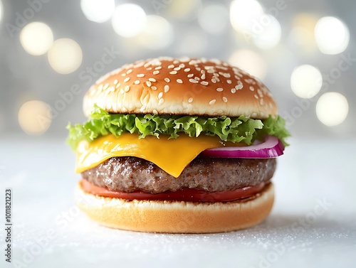 Cheeseburger with Lettuce, Onion, and Tomato