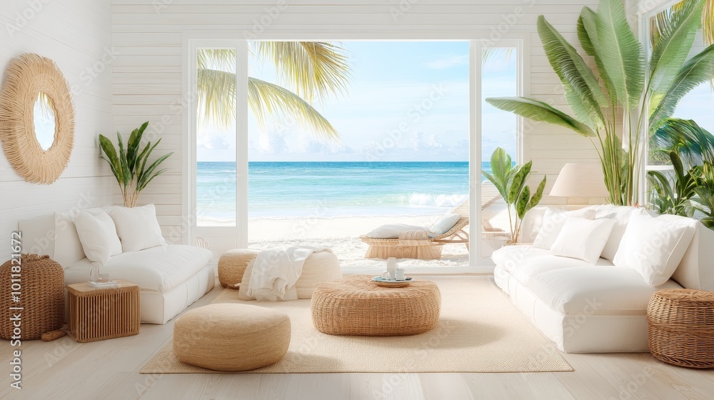 Coastal beach house living room with whitewashed walls, wicker furniture, and ocean-themed decor, Taken by Nikon Z7 35mm lens Coastal beach house living room with whitewashed walls, wicker furniture, and ocean-themed decor, Taken by Nikon Z7 35mm lens