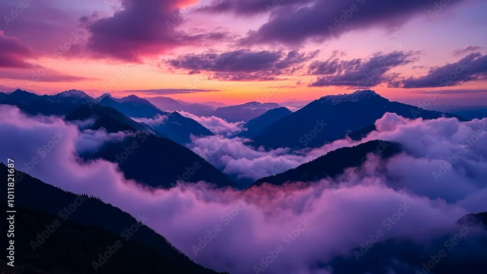 Mountains at sunset with clouds and vibrant sky, serene landscape. Nature's beauty concept Mountains at sunset with clouds and vibrant sky, serene landscape. Nature's beauty concept
