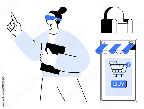 Person wearing VR glasses points forward while holding a clipboard. Nearby, there is a smartphone screen with a shopping cart and a buy button. Ideal for virtual reality, online shopping, e-commerce