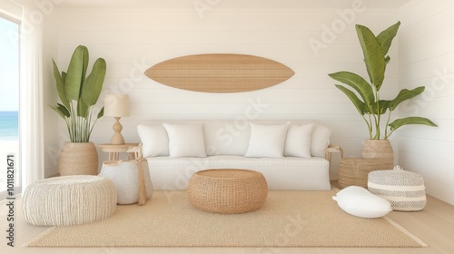 Coastal beach house living room with whitewashed walls, wicker furniture, and ocean-themed decor, Taken by Nikon Z7 35mm lens