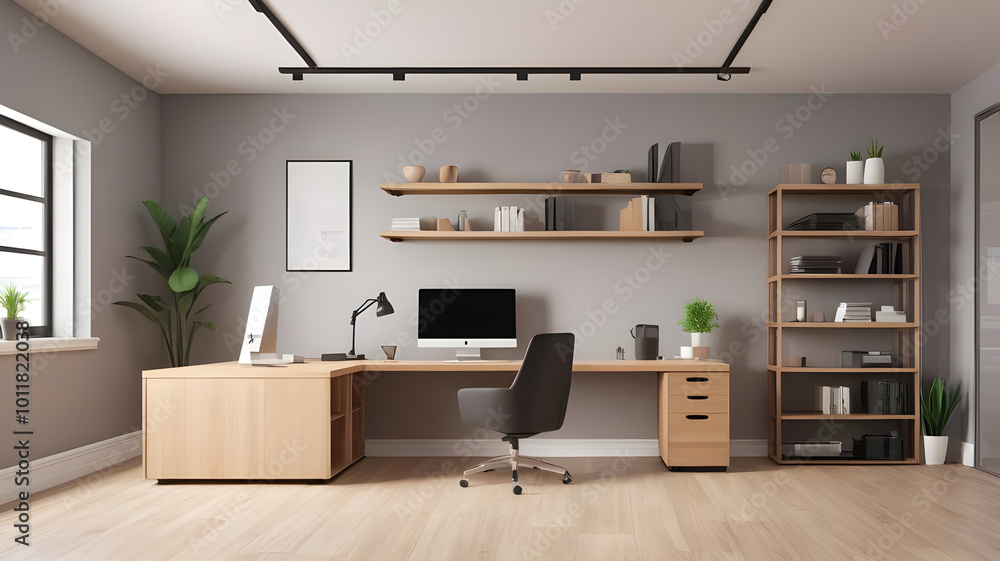 Modern office interior with open space and wooden shelves. 3D Rendering Modern office interior with open space and wooden shelves. 3D Rendering