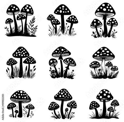 Mushroom Silhouettes on White Background

