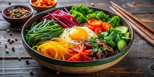 Fresh bibimbap with vibrant vegetables in a dolsot bowl, Korean mixed rice dish photo