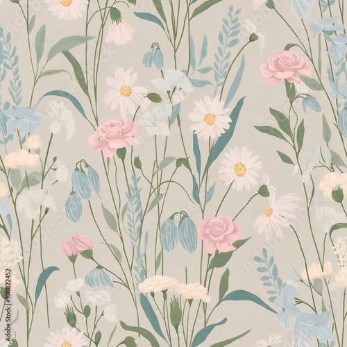 Floral pattern design with pastel flowers on a beige background