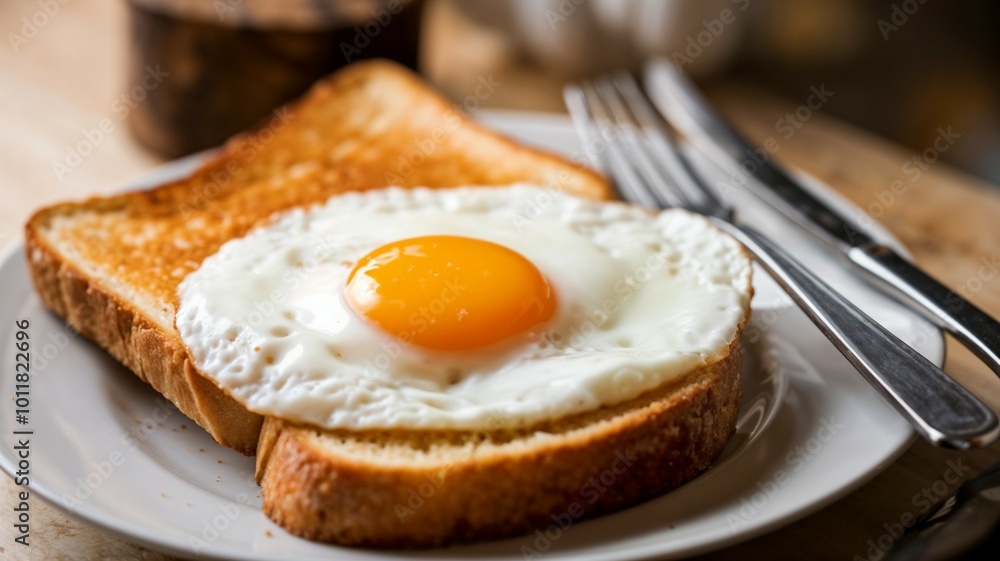 Fried egg on toast served on a plate in a roadside café for breakfast
Fried egg on toast served on a plate in a roadside café for breakfast