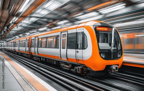 A subway train streaks through the cityscape in a long exposure image, reflecting dynamic movement and contemporary transit.