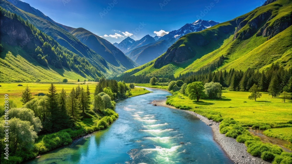 River flowing through lush green mountain valley with clear blue sky above, nature, landscape, scenic, water, stream River flowing through lush green mountain valley with clear blue sky above, nature, landscape, scenic, water, stream