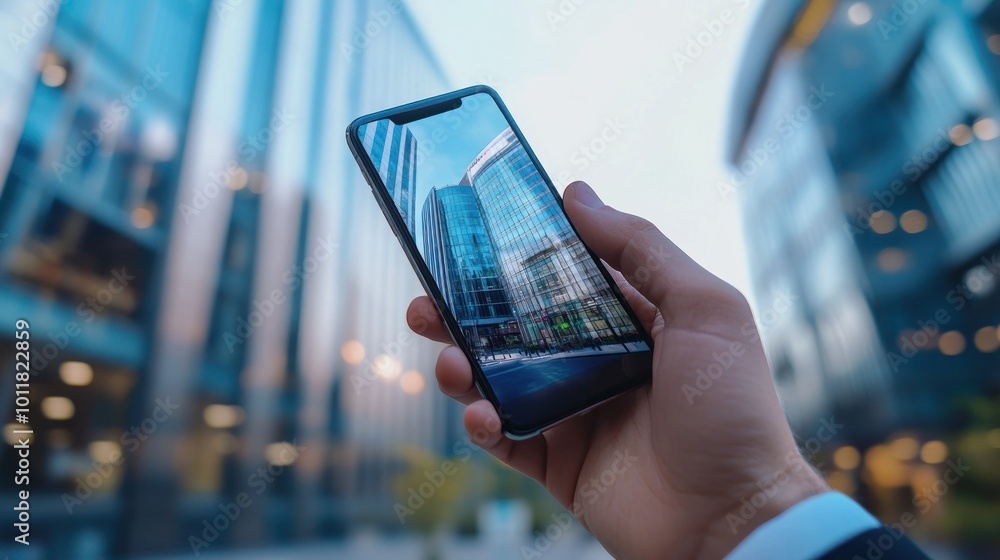 A person holding a smartphone displaying a modern building amidst urban architecture. A person holding a smartphone displaying a modern building amidst urban architecture.