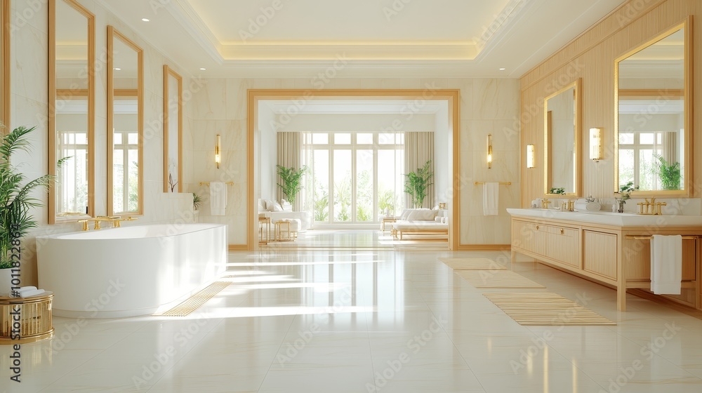 Fototapeta premium Luxury bathroom with a marble bathtub, heated floors, gold fixtures, and large mirrors, Picture taken by sony 35+ mm