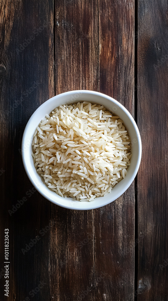White ceramic bowl filled with uncooked rice on a wooden table surface
