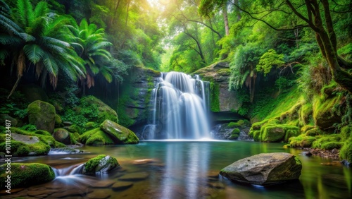 Tranquil waterfall flowing in the lush forest setting with rocks and green vegetation, waterfall, forest, nature, stream