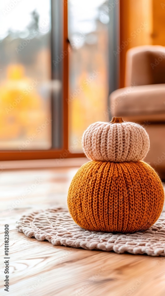 Cozy knit pumpkins on a rug, warm autumn colors, soft lighting, stylish interior decor. Cozy knit pumpkins on a rug, warm autumn colors, soft lighting, stylish interior decor.