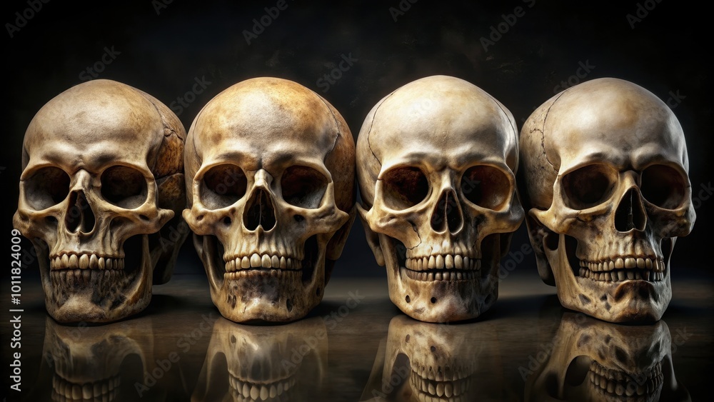 Four skulls at various angles, skulls, human, bone, spooky, death, creepy, Halloween, macabre, eerie, anatomy Four skulls at various angles, skulls, human, bone, spooky, death, creepy, Halloween, macabre, eerie, anatomy