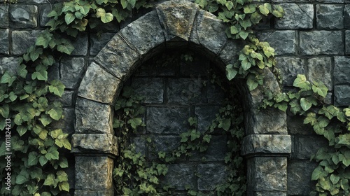  ancient stone gate covered in ivy, leading to a historical site