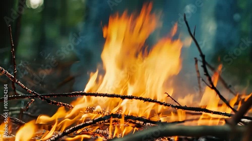 Forest fire burning dry branches and foliage