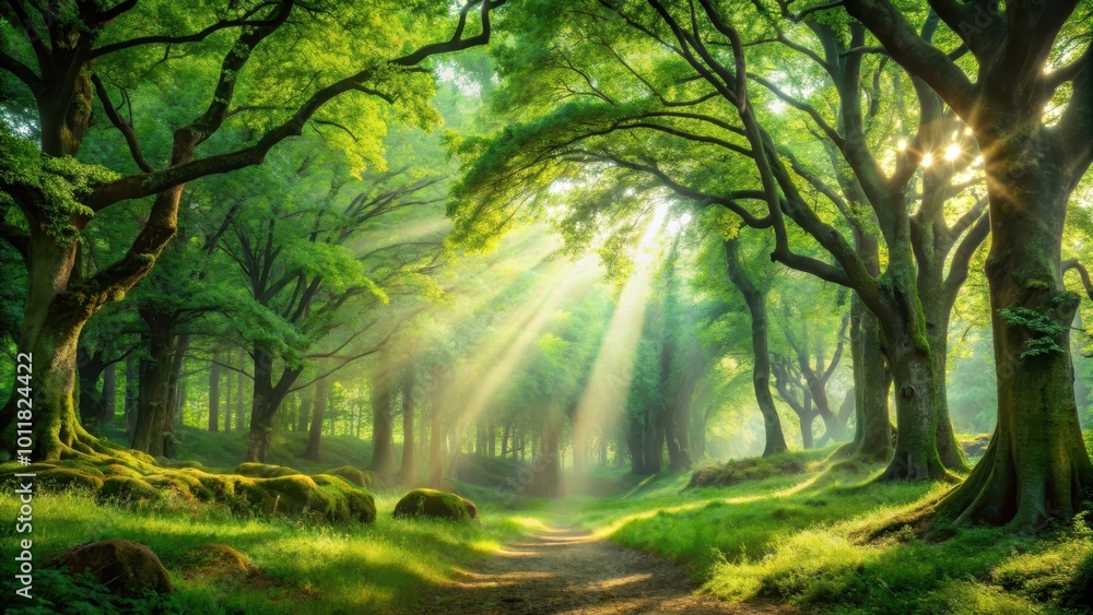 Obraz premium Enchanted forest with lush green trees and sunlight filtering through the leaves, nature, trees, forest, woods, foliage