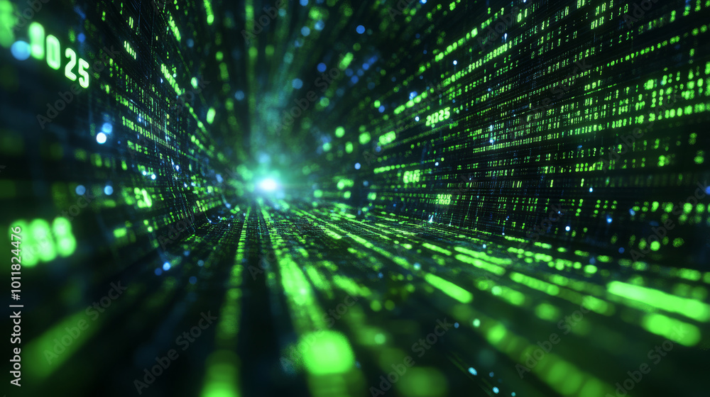 Digital matrix visualization with flowing data streams at high speed in a futuristic setting Digital matrix visualization with flowing data streams at high speed in a futuristic setting