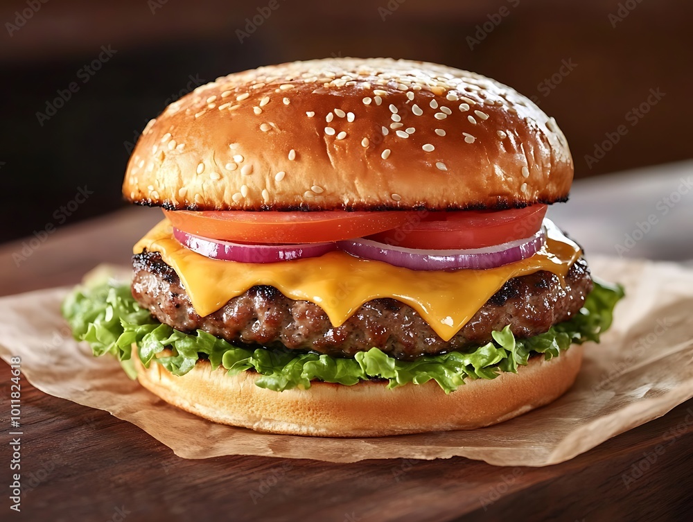 Cheeseburger with Onion, Tomato, and Lettuce on a Sesame Seed Bun Cheeseburger with Onion, Tomato, and Lettuce on a Sesame Seed Bun