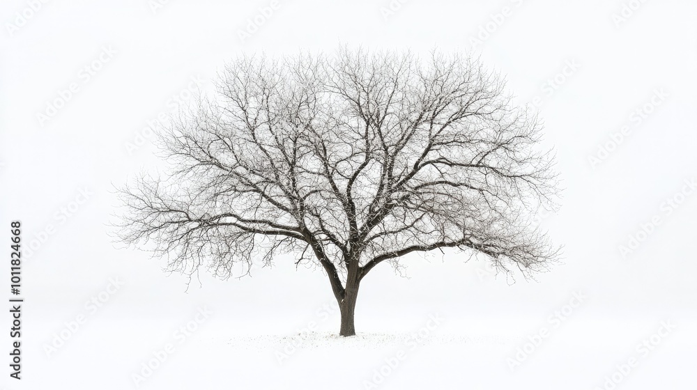 A bare tree in winter, with intricate branches reaching out against a white background, creating a minimalist and serene aesthetic. A bare tree in winter, with intricate branches reaching out against a white background, creating a minimalist and serene aesthetic.