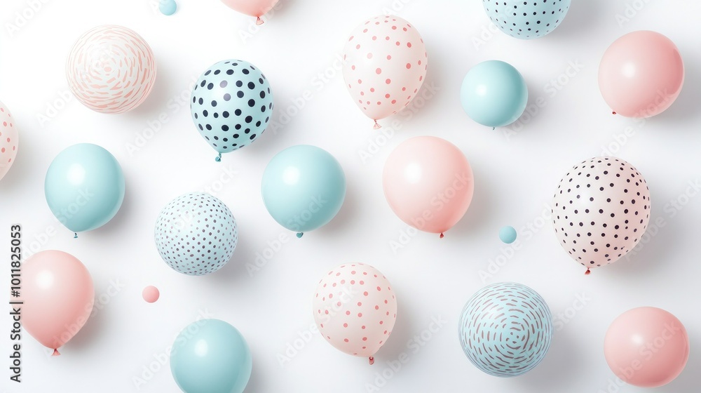 A beautiful flat lay of a balloon set, featuring pastel colors and unique designs, arranged on a white background, ideal for party invitations or decor concepts. A beautiful flat lay of a balloon set, featuring pastel colors and unique designs, arranged on a white background, ideal for party invitations or decor concepts.