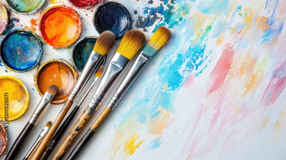 Obraz premium A beautiful flat lay of watercolor paint palettes and brushes arranged neatly on a white background, showcasing the tools of creativity and artistic expression.