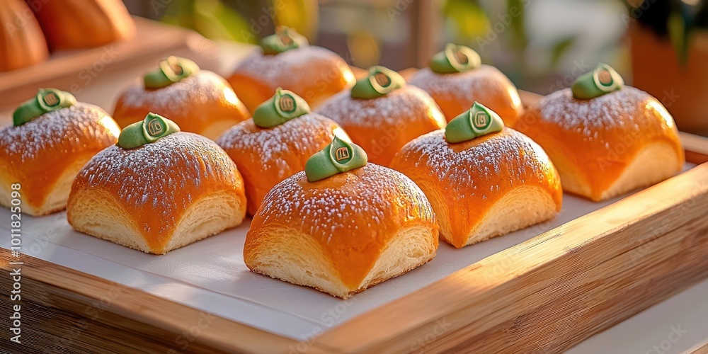 Delicious pastries with orange glaze and green topping on a wooden tray.