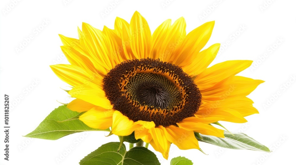 Fototapeta premium A beautiful sunflower with its petals spread wide, isolated against a white background, showcasing the bold and lively appearance of the flower.