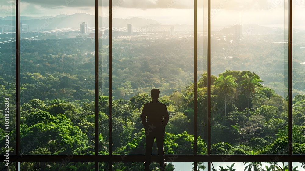 CEO Gazing at the Divide Between Nature and Industry From High Rise Office Window CEO Gazing at the Divide Between Nature and Industry From High Rise Office Window