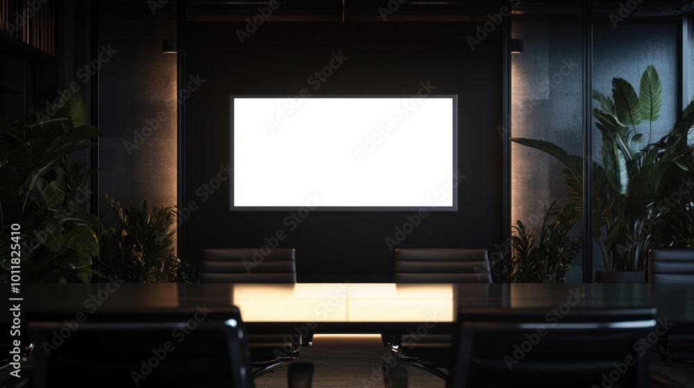 Modern conference room with a blank screen and plants, designed for meetings. Modern conference room with a blank screen and plants, designed for meetings.