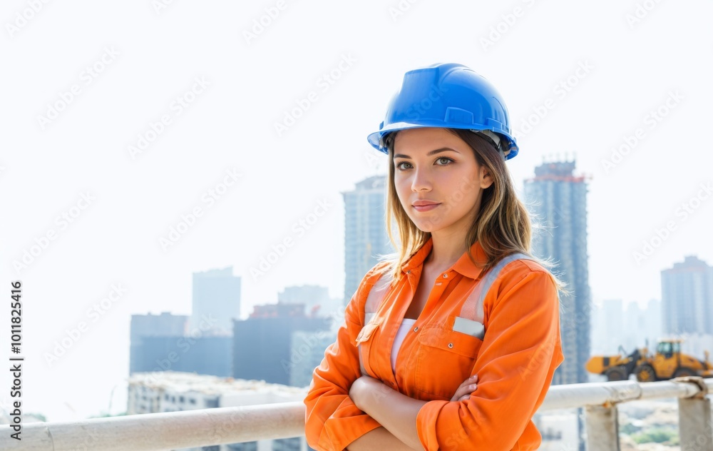 A female construction worker wearing a helmet A female construction worker wearing a helmet