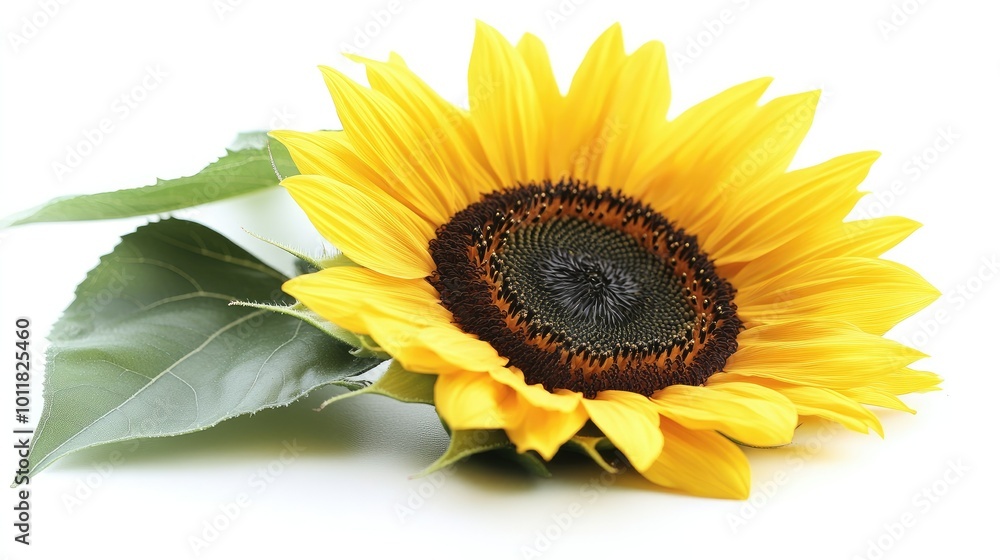 Obraz premium A blooming sunflower with vivid yellow petals and a dark center, highlighted on a white background, perfect for summer and nature themes.