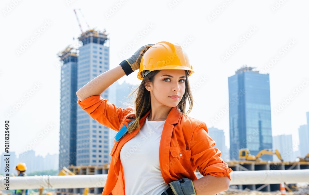 A female construction worker wearing a helmet. A female construction worker wearing a helmet.