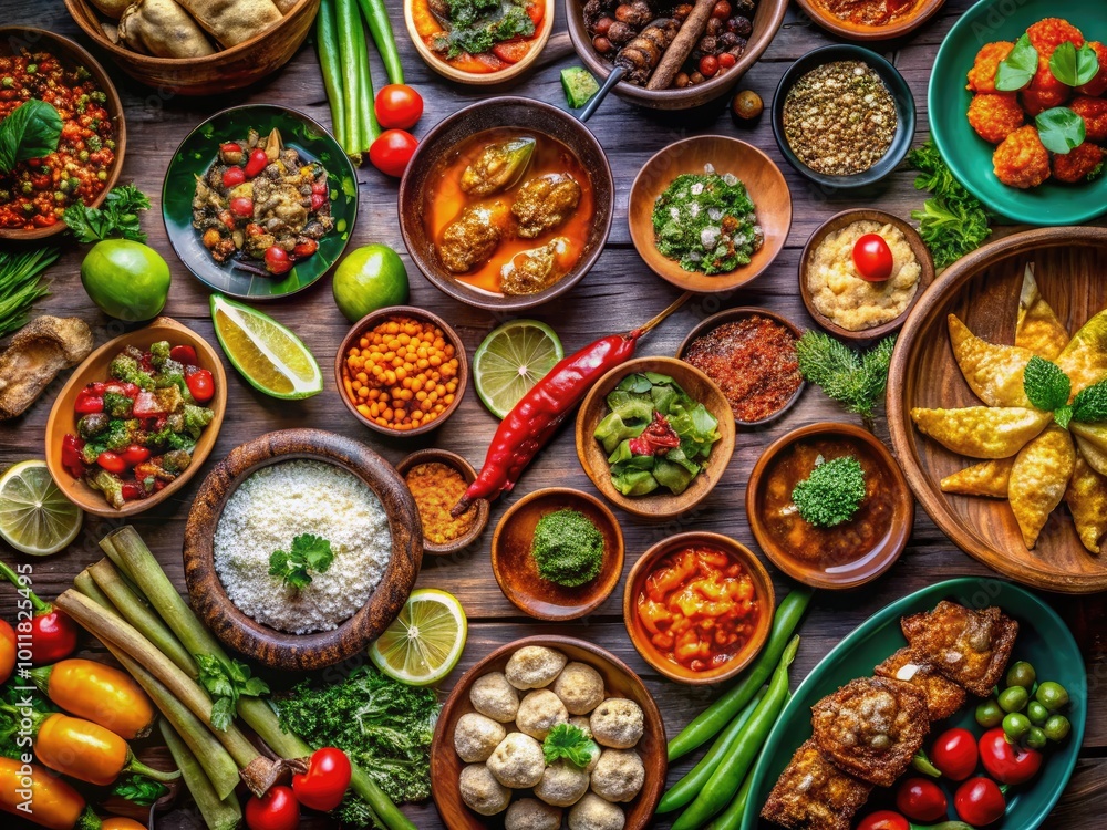 Aerial View of a Vibrant Culinary Spread Featuring Diverse Dishes and Ingredients from Global Cuisine Aerial View of a Vibrant Culinary Spread Featuring Diverse Dishes and Ingredients from Global Cuisine