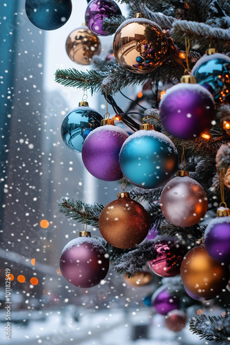 Colorful Christmas Tree Decorated with Multicolored Ornaments Against Skyscrapers in Winter