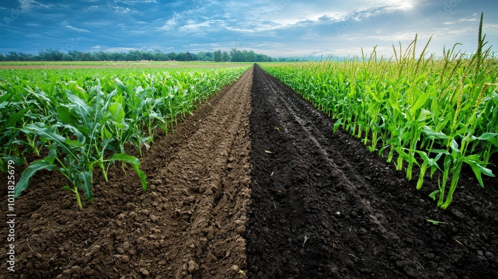 Split Fields of Corn and Dark Soil at Sunrise Split Fields of Corn and Dark Soil at Sunrise