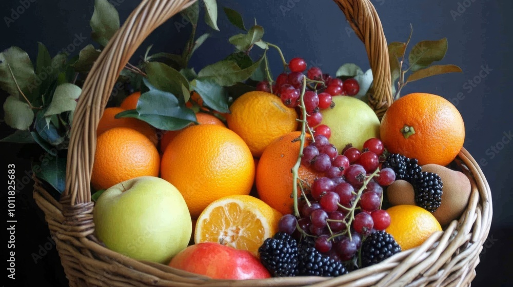 A Vibrant Basket Overflowing with Colorful Fruits, Including Fresh Berries, Juicy Oranges, and Crisp Apples, Creating an Appetizing Display That Invites Healthy Eating and Freshness. A Vibrant Basket Overflowing with Colorful Fruits, Including Fresh Berries, Juicy Oranges, and Crisp Apples, Creating an Appetizing Display That Invites Healthy Eating and Freshness.