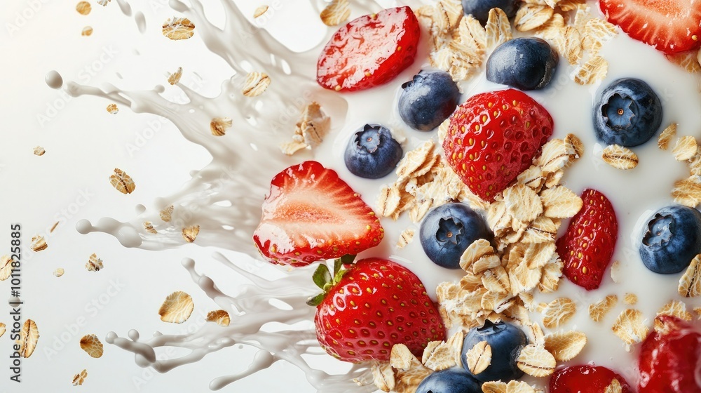 A captivating image of oat flakes tumbling down with ripe blueberries and strawberries, accentuated by a milk splash, isolated on a white background, ideal for packaging concepts. A captivating image of oat flakes tumbling down with ripe blueberries and strawberries, accentuated by a milk splash, isolated on a white background, ideal for packaging concepts.