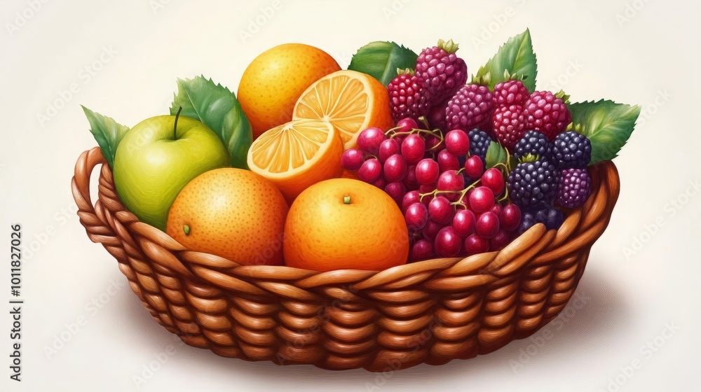 A Vibrant Basket Overflowing with Colorful Fruits, Including Fresh Berries, Juicy Oranges, and Crisp Apples, Creating an Appetizing Display That Invites Healthy Eating and Freshness. A Vibrant Basket Overflowing with Colorful Fruits, Including Fresh Berries, Juicy Oranges, and Crisp Apples, Creating an Appetizing Display That Invites Healthy Eating and Freshness.