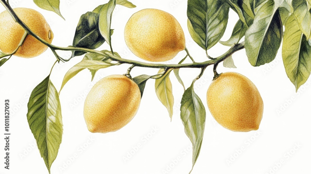 A close-up of a lemon tree branch with ripe lemons and glossy leaves, set against a crisp white background, emphasizing natural beauty. A close-up of a lemon tree branch with ripe lemons and glossy leaves, set against a crisp white background, emphasizing natural beauty.