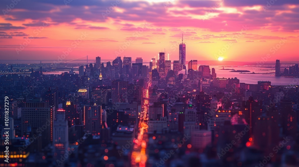City skyline at sunset with dynamic hues, serene and expansive, Urban, Warm tones, Photograph, Evening charm City skyline at sunset with dynamic hues, serene and expansive, Urban, Warm tones, Photograph, Evening charm
