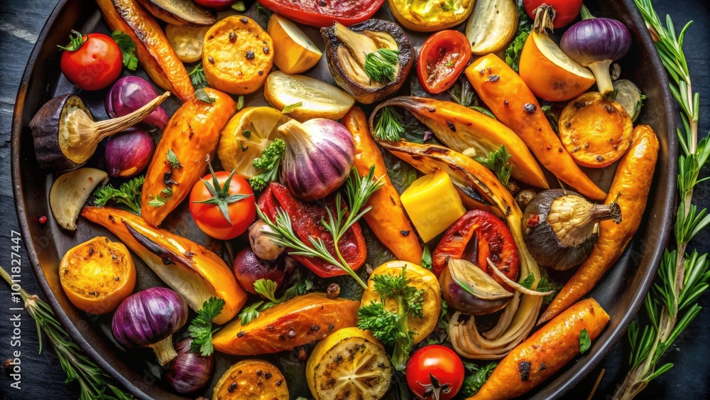 Aerial View of Golden-Brown Roasted Vegetables on a Dark Background for Culinary Inspiration Aerial View of Golden-Brown Roasted Vegetables on a Dark Background for Culinary Inspiration