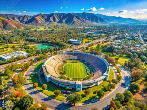 Aerial View of Iconic Rose Bowl Stadium Surrounded by Scenic Landscape and Bright Blue Sky photo