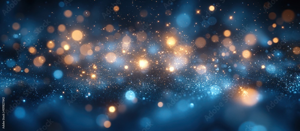 Obraz premium Abstract blue and gold bokeh background with sparkling lights.