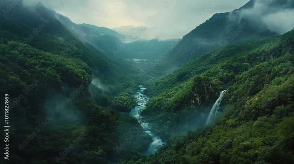 Serene Mountain Valley with Lush Greenery and Waterfall Serene Mountain Valley with Lush Greenery and Waterfall